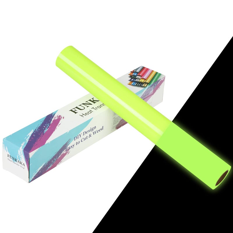 FUNKAKA Glow in The Dark Heat Transfer Vinyl Roll  12"" x 10ft Luminous Neon Yellow Iron on Vinyl for All Cutter Machine  Glow in The Dark HTV Vinyl for T-Shirts Easy to Cut & Weed for Heat Vinyl DIY - Image 1